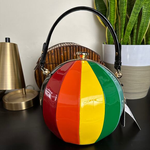 Beach Ball Shaped Structured Rainbow Satchel Crossbody Bag Quirky Whimsical - Picture 3 of 7
